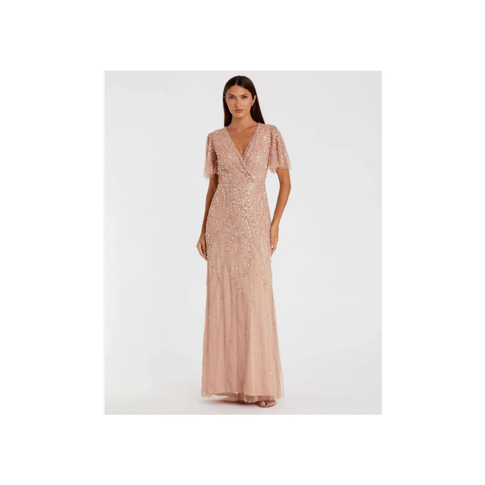 Mac Duggal 35109 Embellished Flutter Sleeve Gown Nude Size 16 NWT